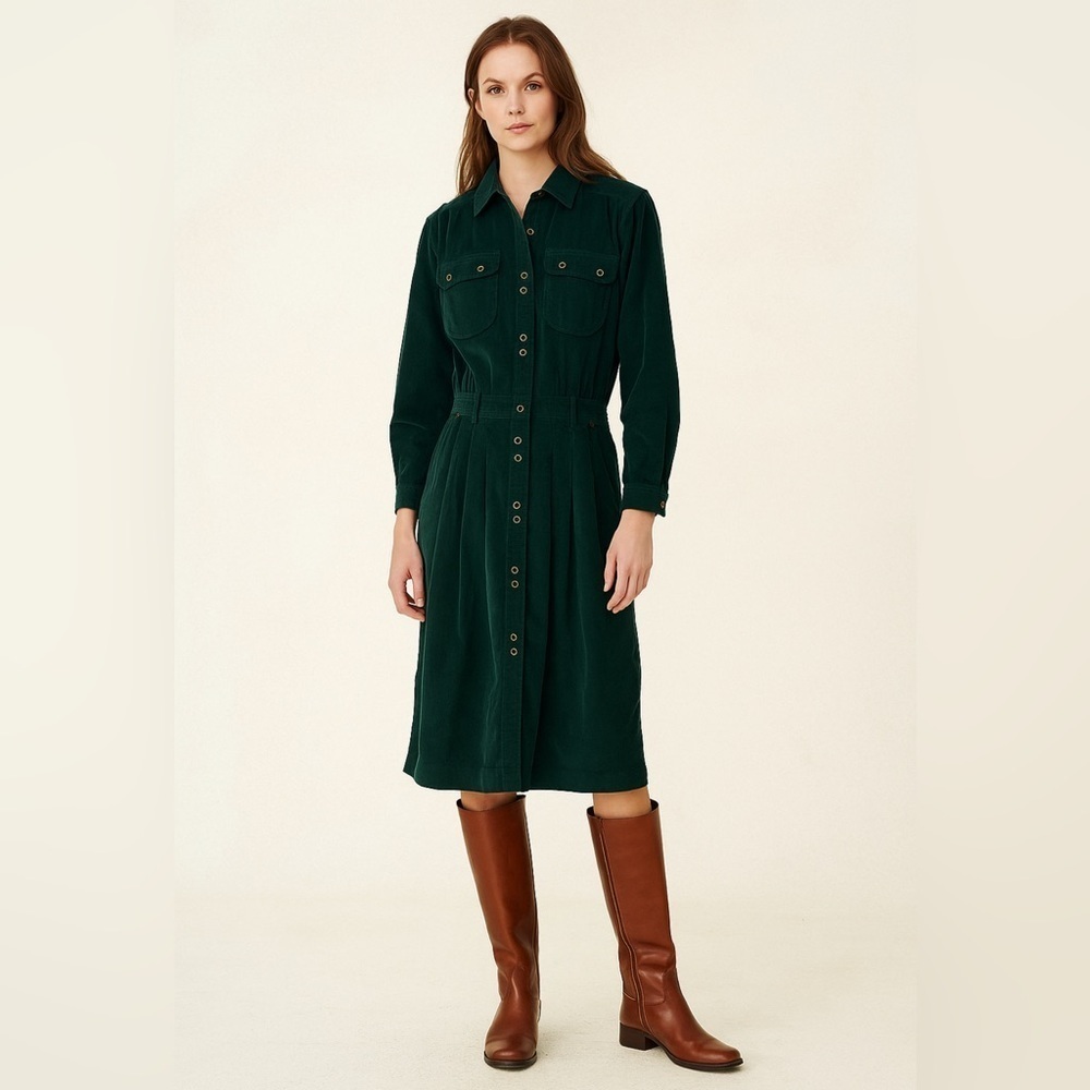 Vintage Talbots Corduroy Midi Shirt Dress Women’s 8P Green Pockets Holiday 90s